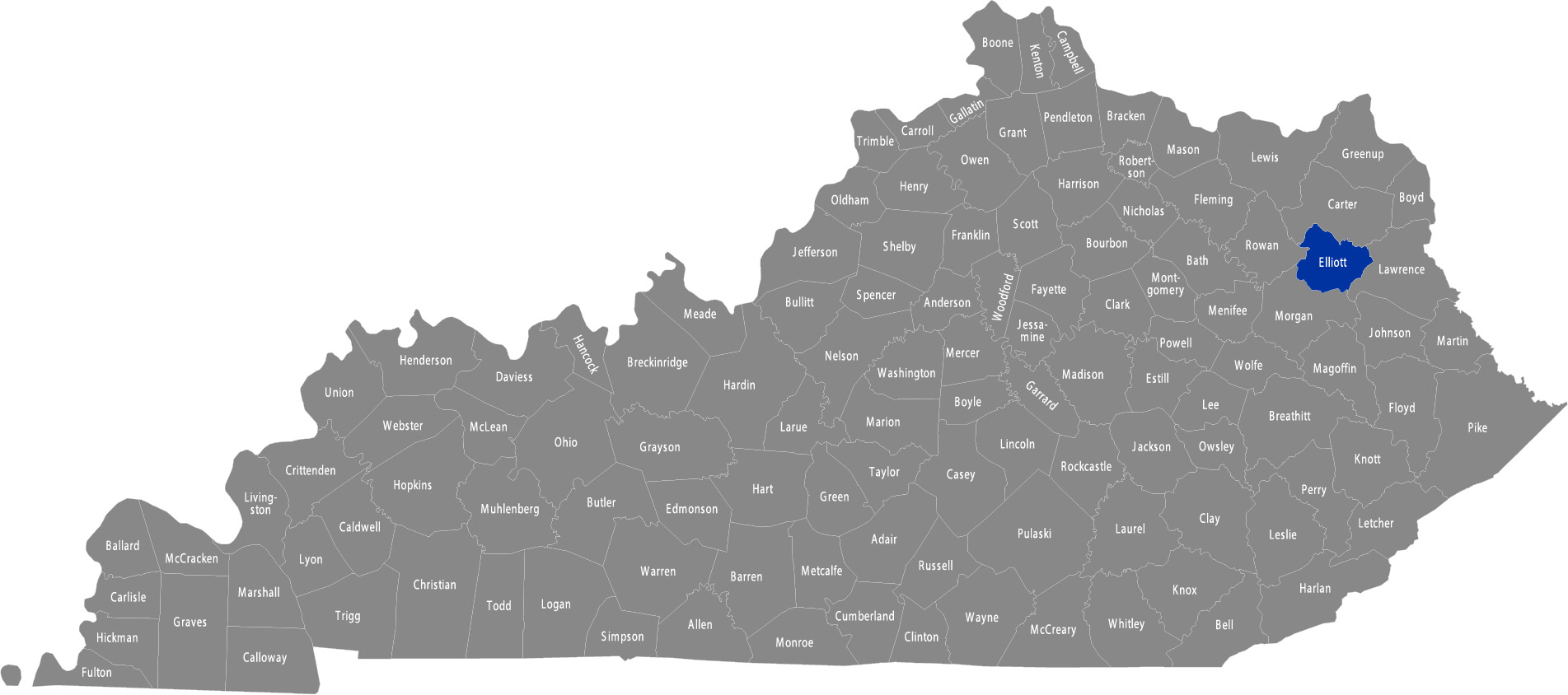 State of Kentucky map with Elliott County highlighted&nbsp;